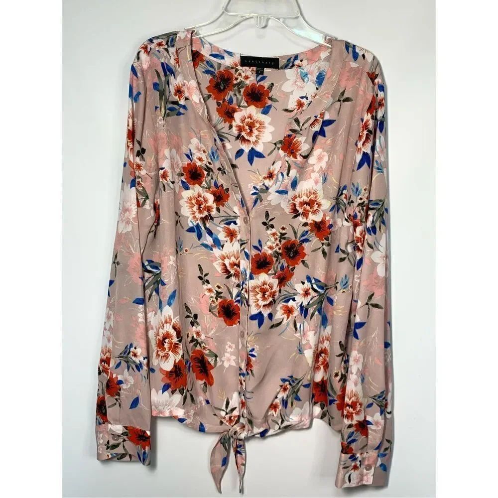 Sanctuary Women's Floral Split Neck Button Front Knot Blouse Blush Large NWOT